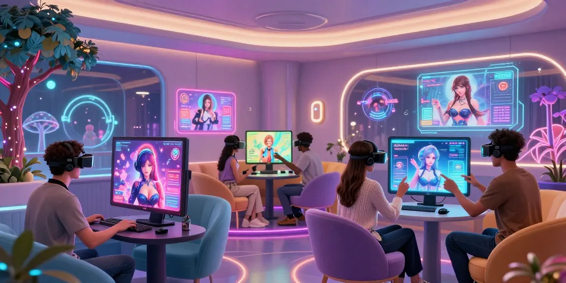 Engaging scene of diverse users interacting with hentai AI chatbots in a vibrant virtual reality setting.