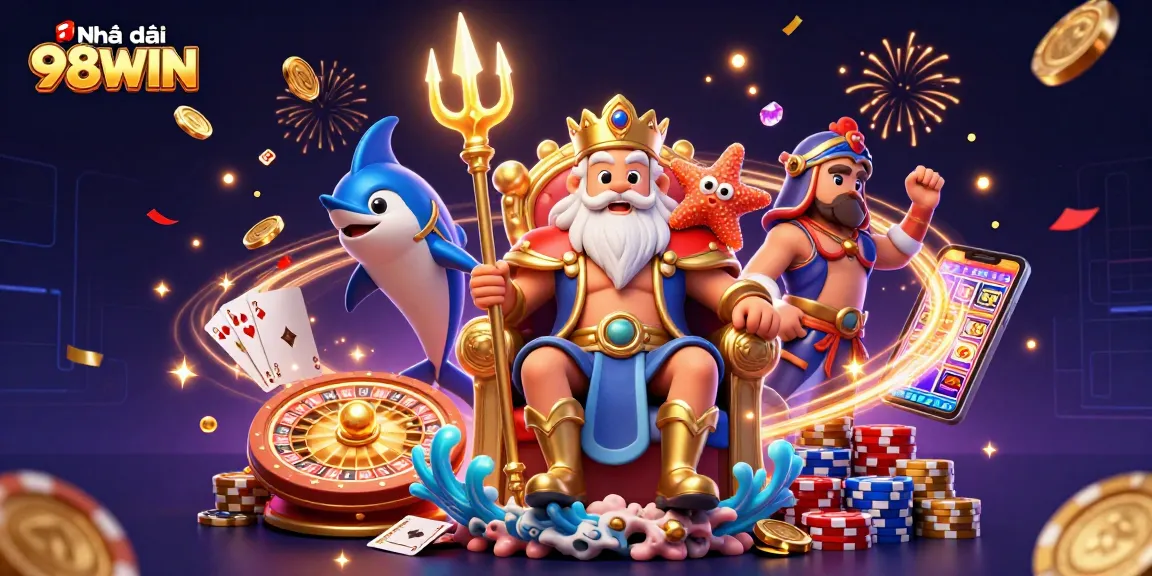 Experience the thrill with nhà cái 98WIN's vibrant casino illustration featuring Neptune and treasures.