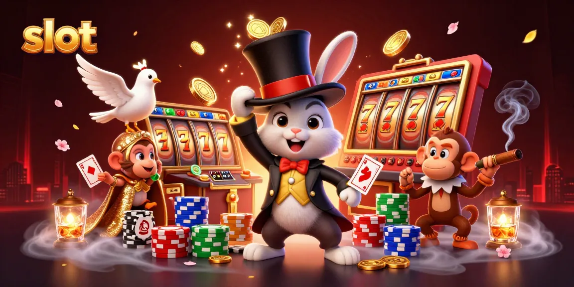 Menggoda pemain slot dengan ilustrasi berwarna-warni dari kelinci pesulap, burung merpati glamor, dan monyet nakal yang mencuri chip poker di kasino.